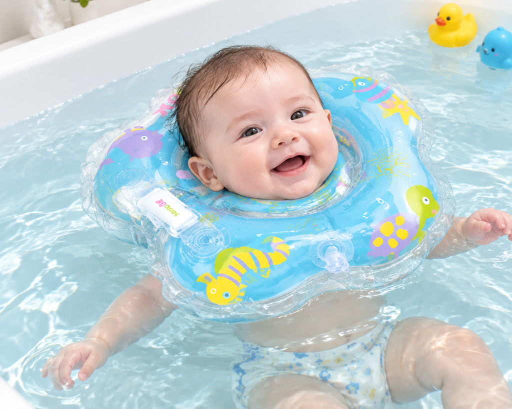 Inflatable baby neck float ring for swimming, soft PVC with a transparent outer ring and colorful printed graphics