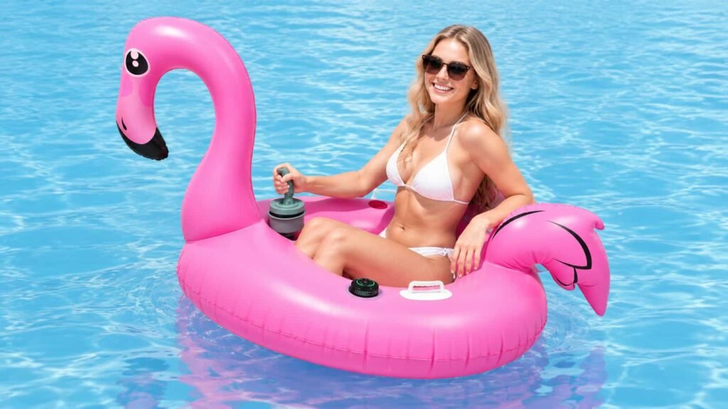 Motorized pink flamingo pool float with Bluetooth speaker and electric propulsion system