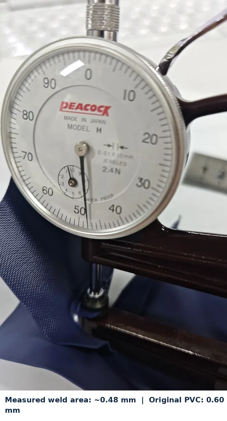 Thickness measurement of HF welded PVC area