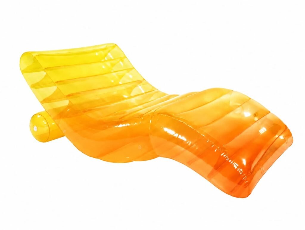 Orange inflatable S-shaped pool lounger with contoured reclining profile