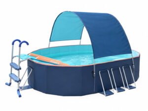 Foldable non-inflatable pool with a removable sunshade canopy and a slide