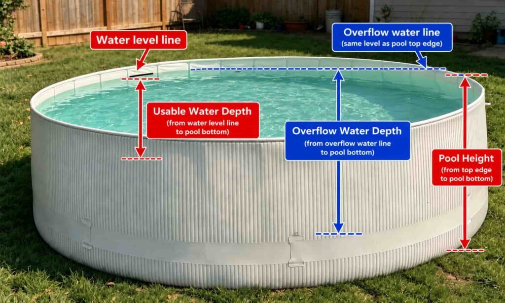 Pool overflow level and water depth measurement for EN 71-8 and EN 16927