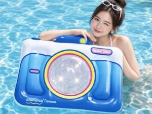 Blue and white inflatable camera-shaped pool float