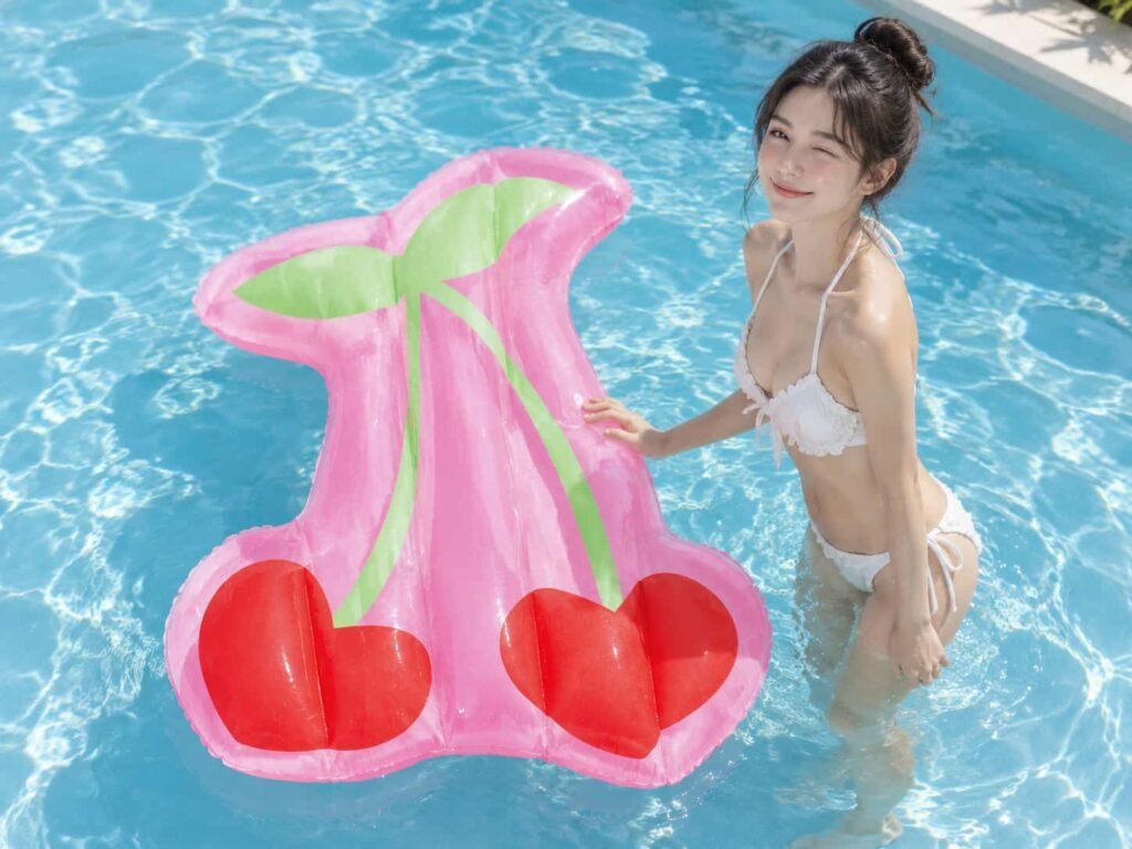 Pink and red inflatable cherry-shaped pool float