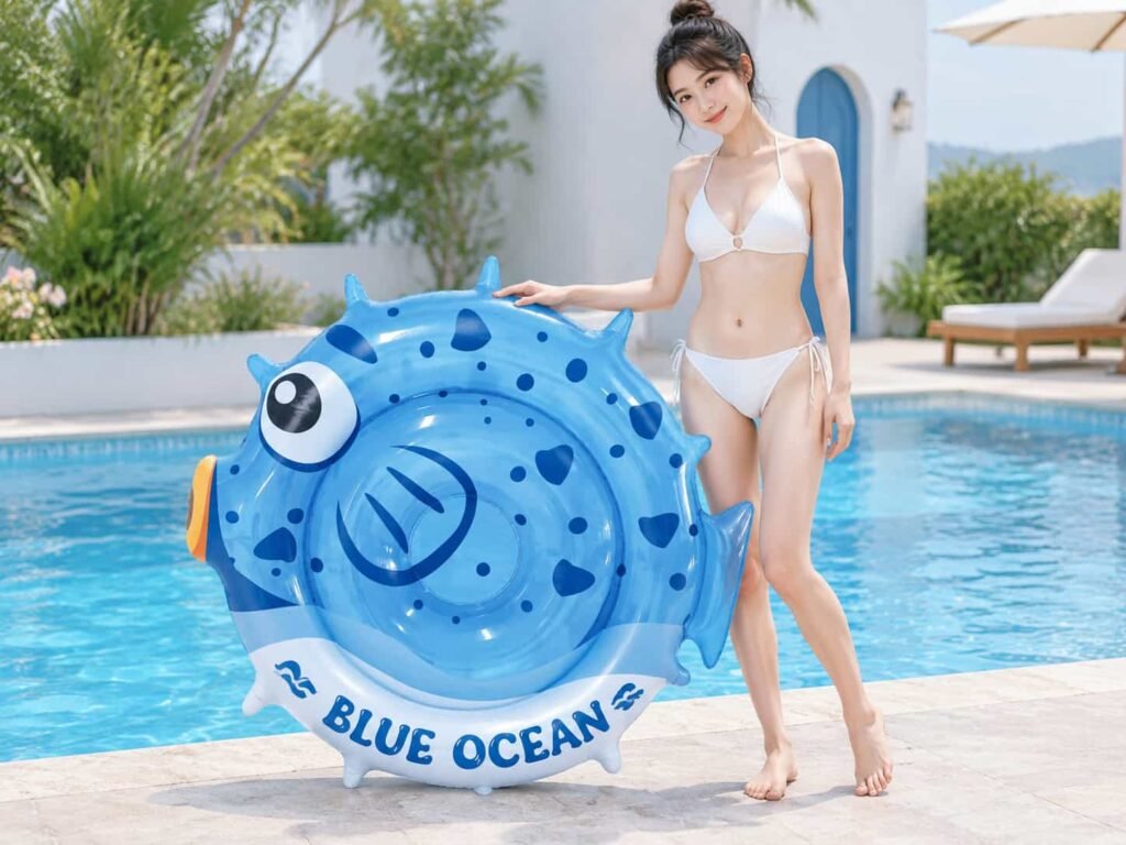 Blue inflatable puffer fish pool float with character graphics
