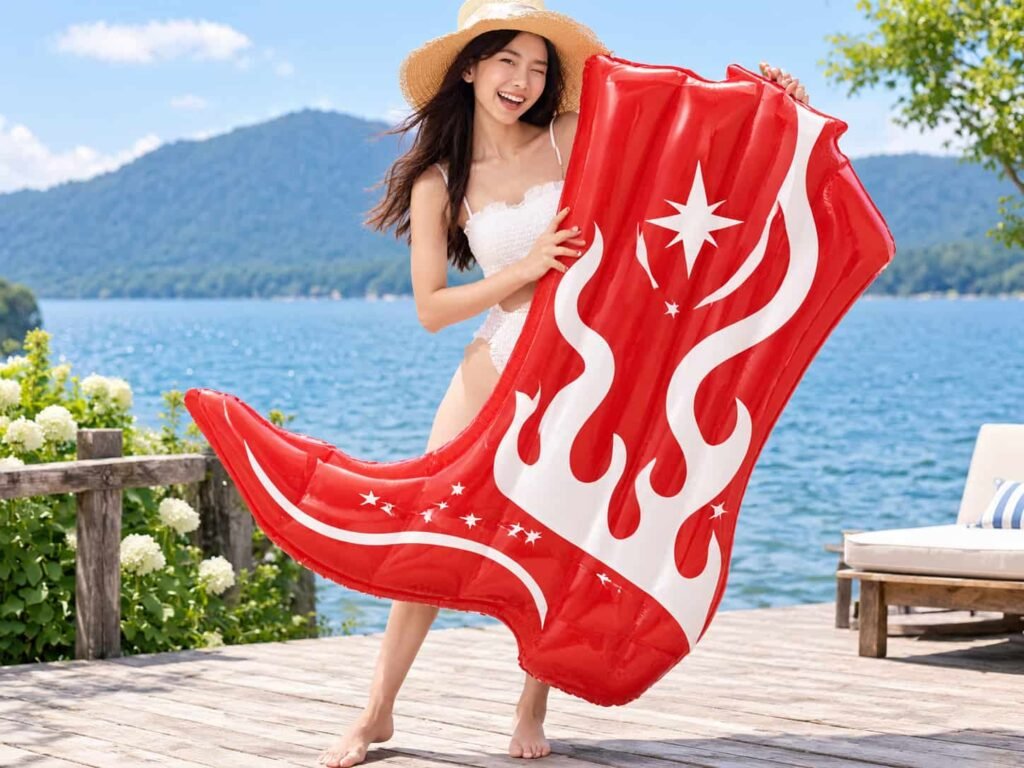 Red inflatable cowboy boot pool float with white flame graphics