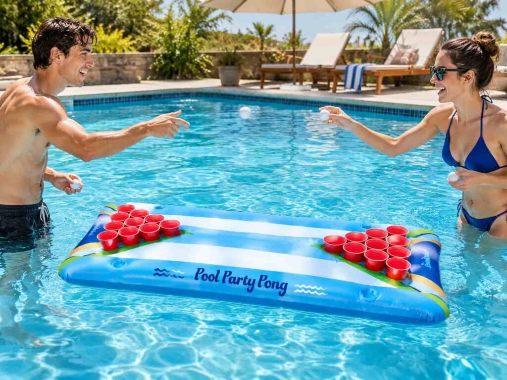 Inflatable floating pong game table with built-in LED lights