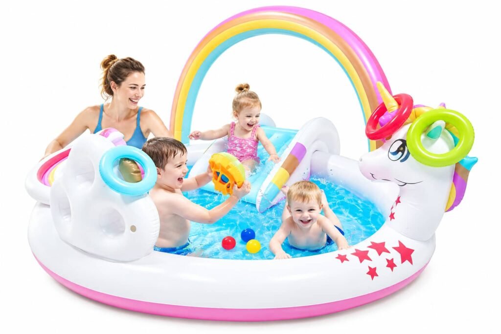 Unicorn-themed inflatable play pool, COMCO model CO-PL-10111