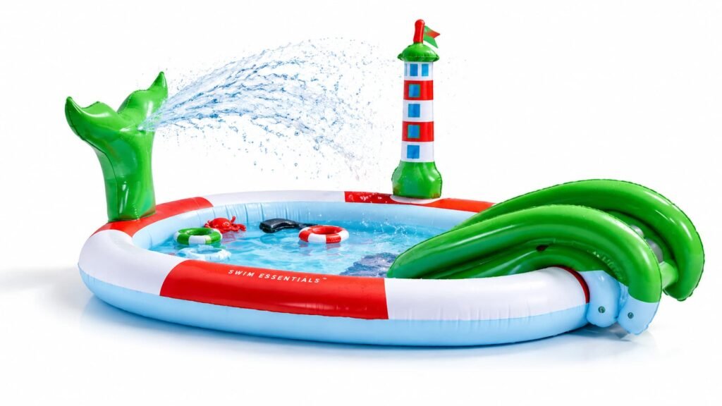 Themed inflatable water park play pool with slide and spray feature, COMCO model CO-PL-10112