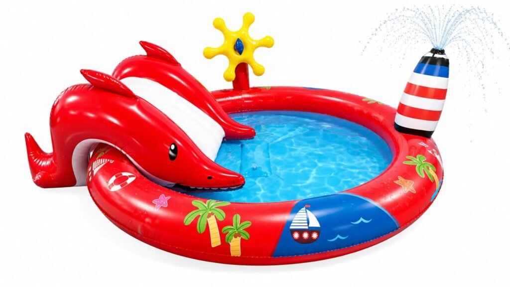 Themed inflatable slide play pool with water spray feature, COMCO model CO-PL-10113