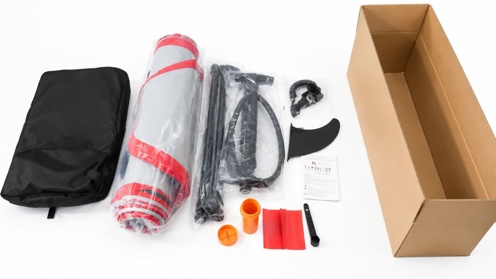 Inflatable SUP accessories and custom retail packaging: paddle, pump, leash, fin, carry bag and repair accessories