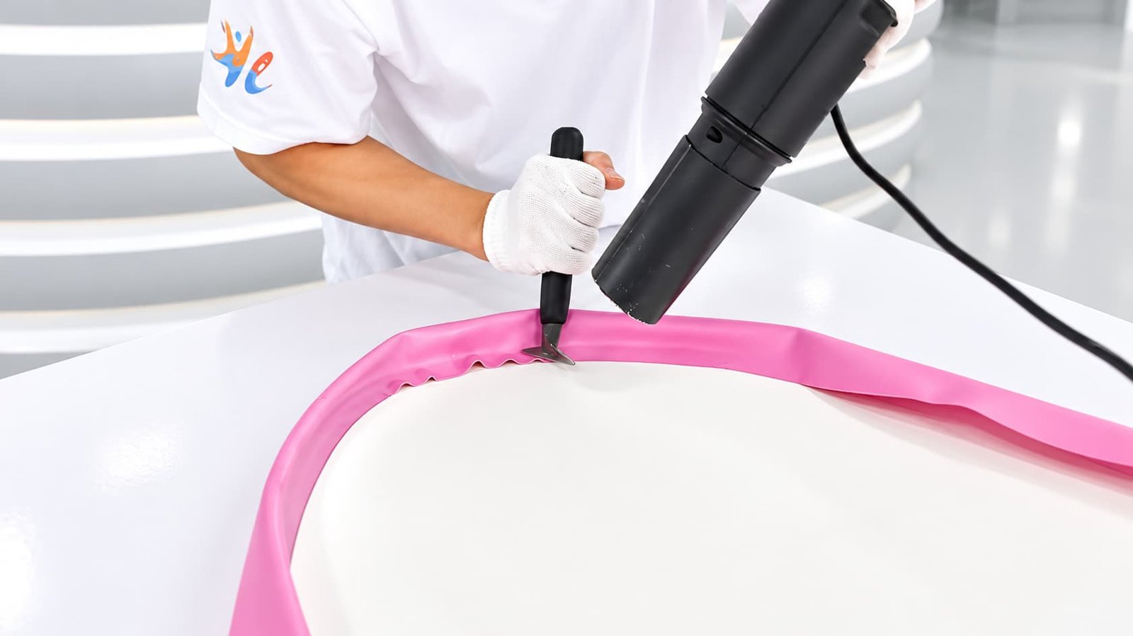 Worker bonding the side rail of an inflatable SUP board with adhesive