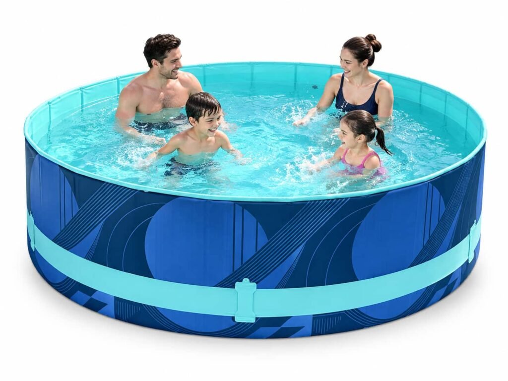 Integrated-frame pool in use outdoors, with its steel support built into the printed pool wall