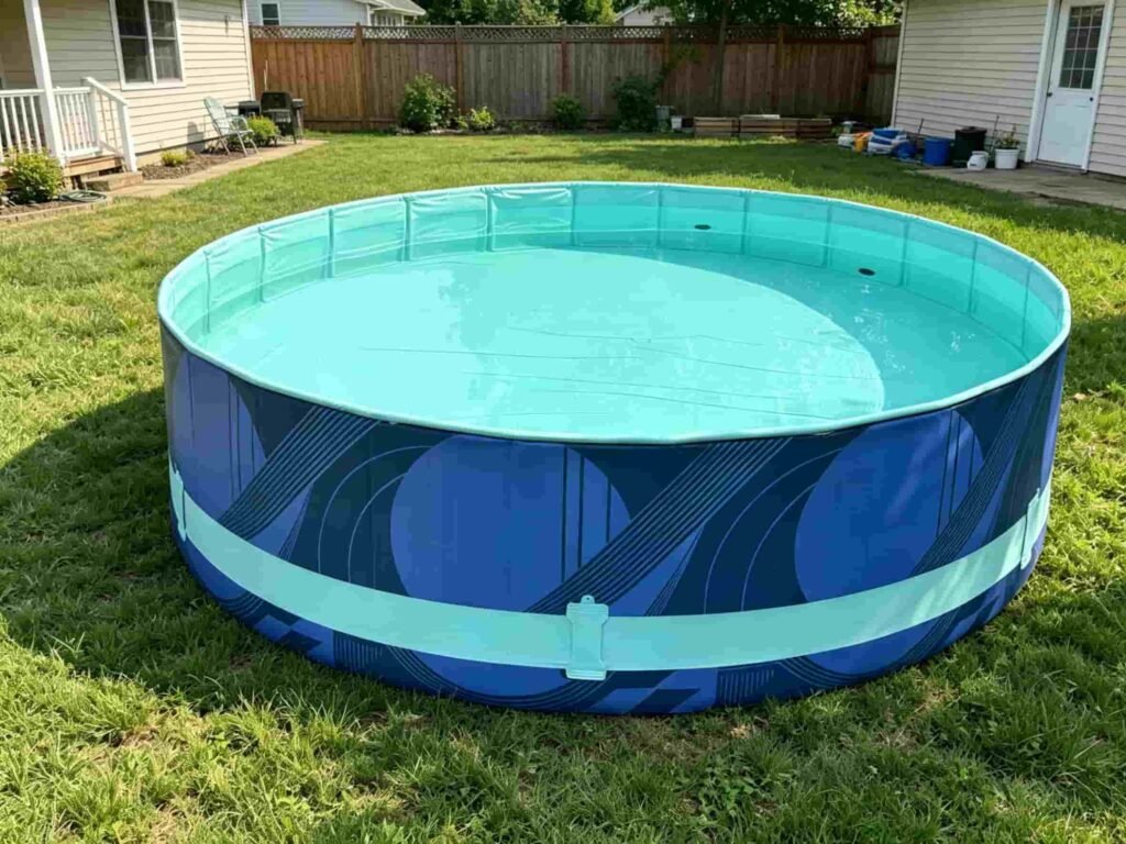Blue integrated-frame pool with a printed pool wall
