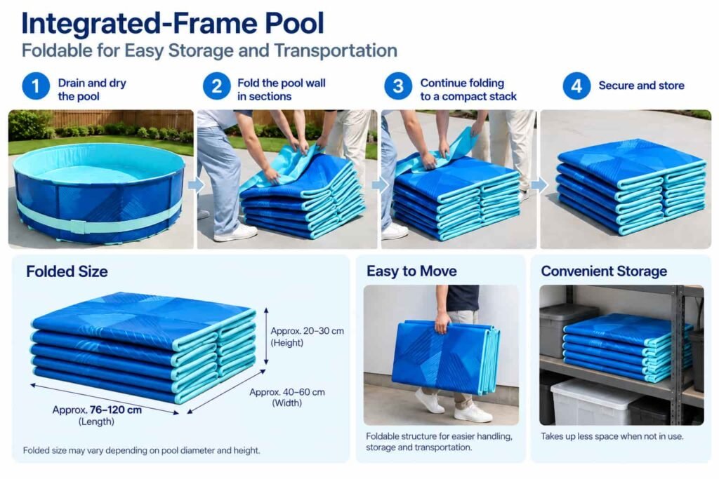 Integrated-frame pool folded into sections for storage