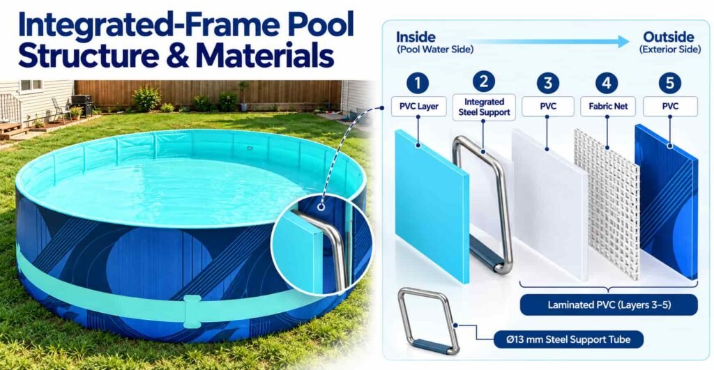 Material structure of the integrated-frame pool, from the water side outwards: a PVC layer, the integrated steel support, and the laminated PVC layers