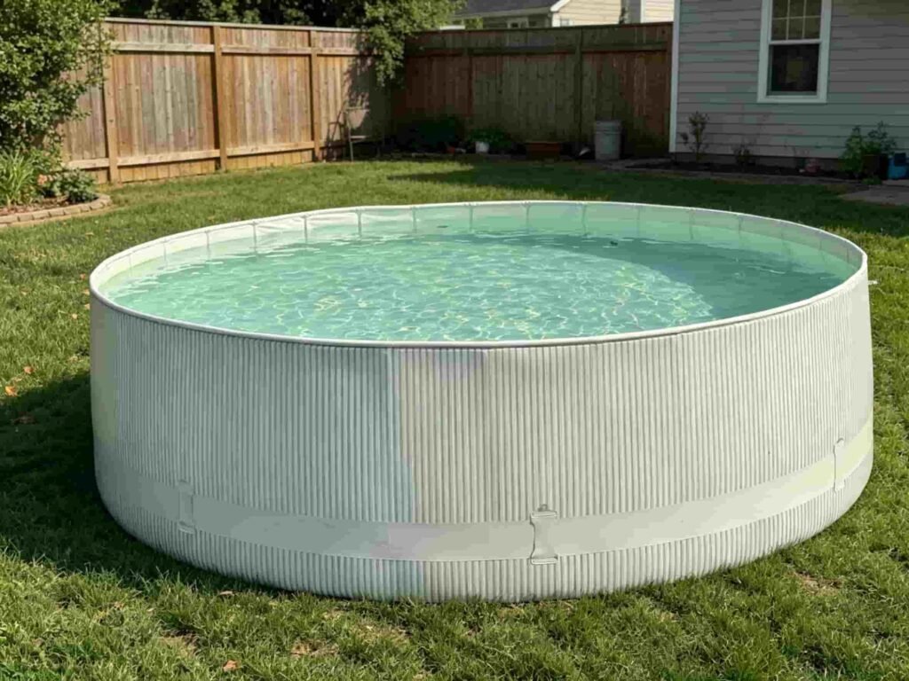 White integrated-frame pool with a printed pool wall