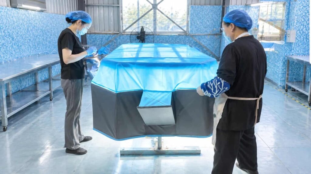 Light-table inspection of a non-inflatable pool body before packing at COMCO