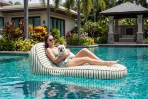 Premium removable fabric-covered pool lounger with striped 600D Oxford cover